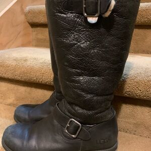 UGG Black Leather Tall Boots with Buckles with Sherpa lining